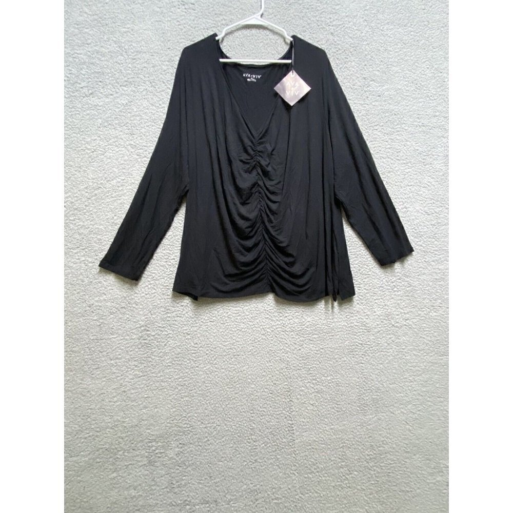 Ava & Viv Blouse Women’s Size 3X Ruched Top Black Shirt Long Sleeve Knit New